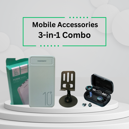 mobile accessories combo 3 in 1 (360 degree mobile stand, M10 wireless bluetooth earbud, VDENMENV DPO9 Dual USB And Type C 10000mAh Power bank with 5V 2.1A Output)